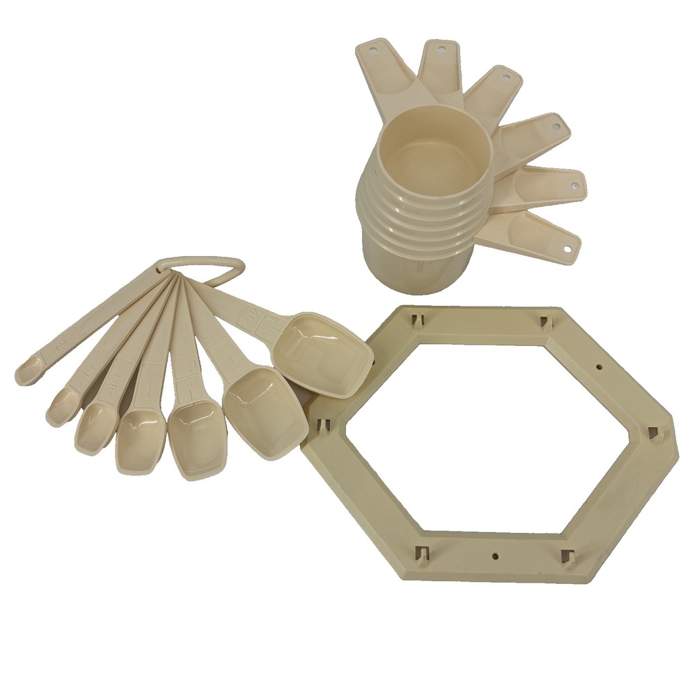 Vintage Tupperware Cream Nesting Measuring Cups W/holder & Measuring Spoons Set